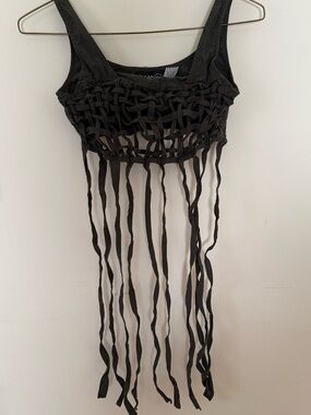 near Black/dark olive Woven Octopus Fringe Crop Top Y2K Rave Festival Illig